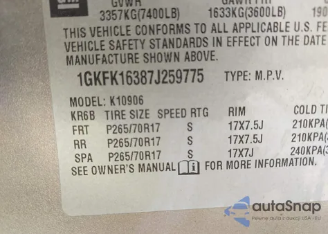 2007 GMC Yukon Xl 1500 Slt из США, поврежденный, VIN 1GKFK16387J259775